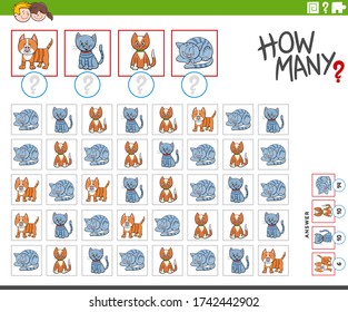 Ilustración de juego de conteo educativo para niños con gatos de dibujos animados o gatitos personajes animales