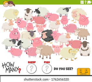 Illustration of Educational Counting Game for Children with Cartoon Funny Sheep and Pigs Farm Animal Characters Group