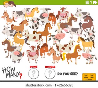 Illustration of Educational Counting Game for Children with Cartoon Funny Cows and Horses Farm Animal Characters Group