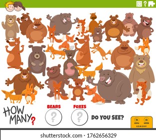 Illustration Of Educational Counting Game For Children With Cartoon Funny Bears And Foxes Animal Characters Group