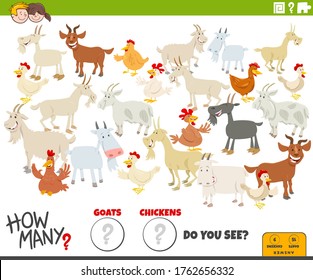 Illustration of Educational Counting Game for Children with Cartoon Funny Goats and Chickens Farm Animal Characters Group