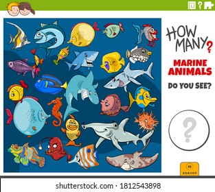 Illustration of Educational Counting Game for Children with Cartoon Funny Fish and Marine Animal Characters Group