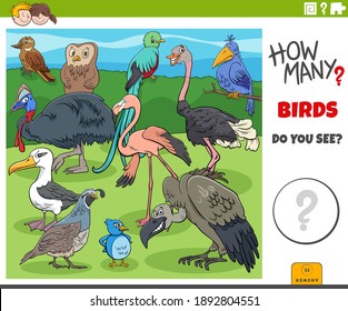 Illustration of educational counting game for children with cartoon birds animal characters group