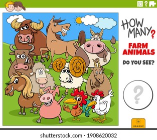 Illustration of educational counting game for children with cartoon farm animal characters group
