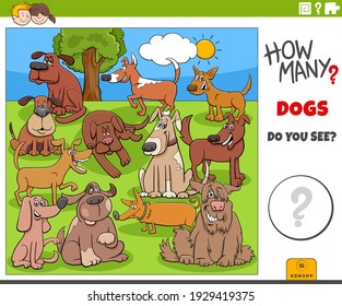 Illustration of educational counting game for children with cartoon dogs and puppies animal characters group