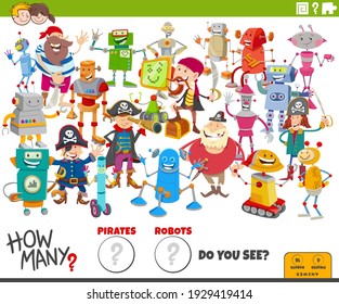 Illustration of educational counting game for children with cartoon robots and pirates characters