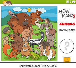 Illustration of educational counting game for children with cartoon animals characters group