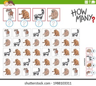 Illustration of educational counting game for children with cartoon animal characters