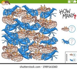 Illustration of educational counting game for children with comic animal characters