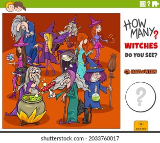 Illustration of educational counting game for children with cartoon witches Halloween characters group