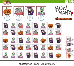 Illustration of educational counting game for children with cartoon Halloween characters