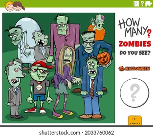 Illustration of educational counting game for children with cartoon zombies Halloween characters group