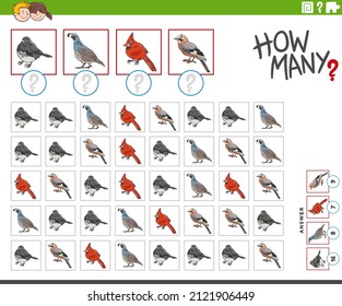 Illustration of educational counting game for children with cartoon birds animal characters