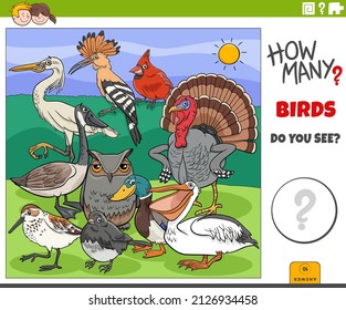 Illustration of educational counting game for children with cartoon birds animal characters group