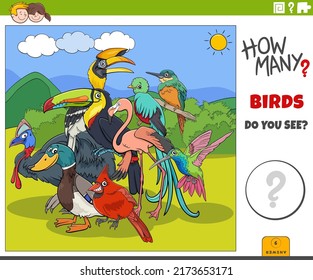 Illustration of educational counting game for children with cartoon birds animal characters group