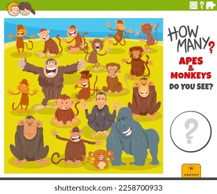 Illustration of educational counting game for children with cartoon monkeys and apes animal characters group