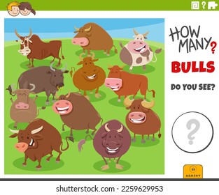 Illustration of educational counting game for children with cartoon bulls farm animal characters group