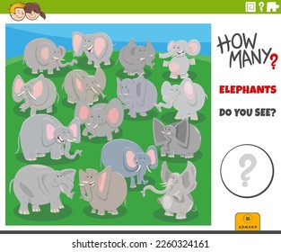 Illustration of educational counting game for children with cartoon elephants animal characters group