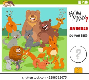 Illustration of educational counting game for children with cartoon wild animal characters group
