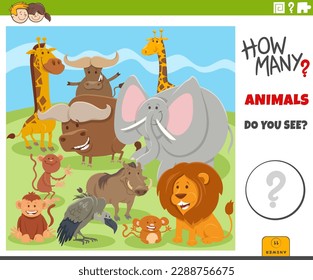 Illustration of educational counting game for children with cartoon wild animal characters group