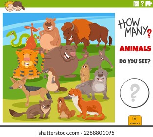 Illustration of educational counting game for children with cartoon wild animal characters group