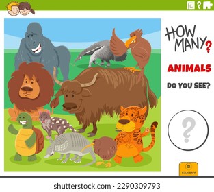 Illustration of educational counting game for children with cartoon wild animal characters