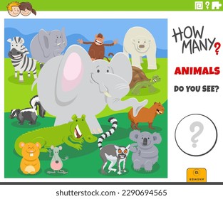 Illustration of educational counting game for children with cartoon animal characters group