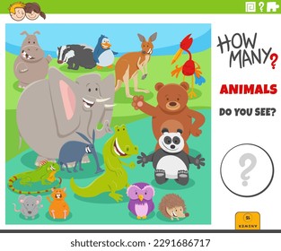 Illustration of educational counting game for children with cartoon wild animal characters group