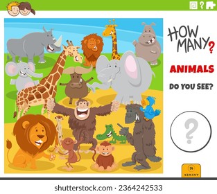 Illustration of educational counting game for children with cartoon wild animal characters group