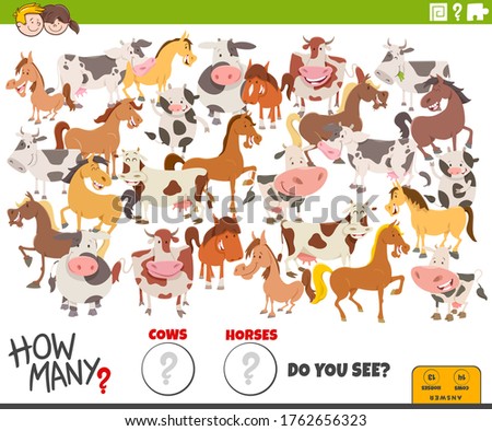 Illustration of Educational Counting Game for Children with Cartoon Funny Cows and Horses Farm Animal Characters Group
