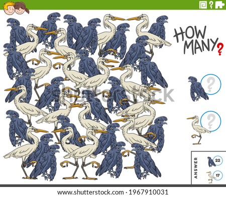 Illustration of educational counting game for children with birds animal characters