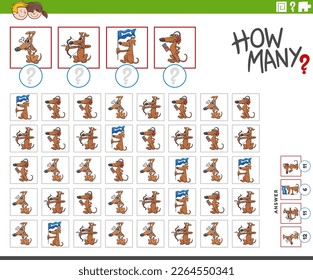 Ilustración del juego del conteo educativo con graciosos perros de dibujos animados personajes animales
