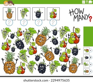 Illustration of educational counting game with funny cartoon fruit food objects characters