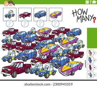 Illustration of educational counting game with funny cartoon cars characters