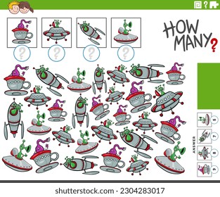 Illustration of educational counting game with funny cartoon alien characters with ufo