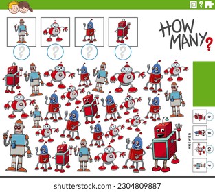 Illustration of educational counting game with funny cartoon robot characters