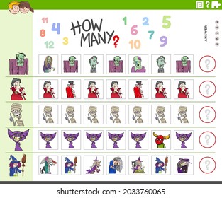 Illustration of educational counting game for kids with cartoon spooky Halloween characters