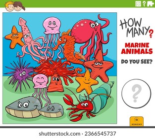 Illustration of educational counting game for kids with cartoon marine animal characters group