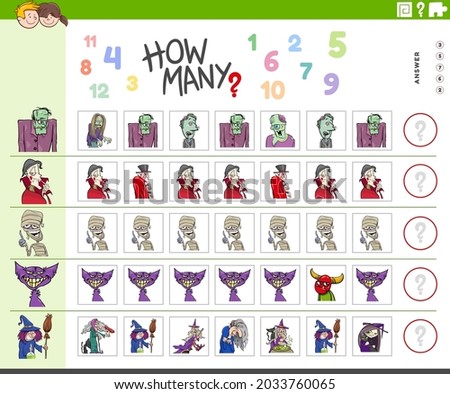 Illustration of educational counting game for kids with cartoon spooky Halloween characters