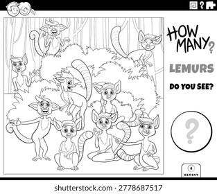 Illustration of educational counting puzzle with cartoon lemurs animal characters coloring page