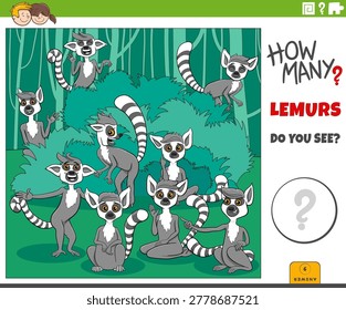 Illustration of educational counting puzzle with cartoon lemurs animal characters