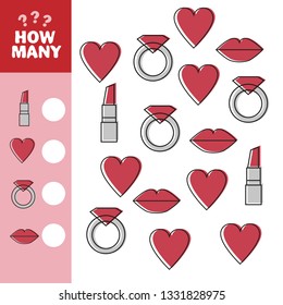 Illustration of Educational Counting Task for Children with Cartoon Hearts, rings, lips, Woman items