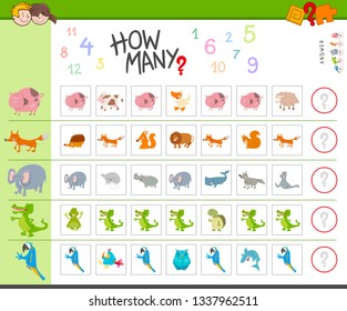 Illustration of Educational Counting Task for Children with Cartoon Animal Characters