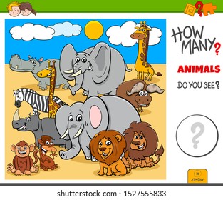 Illustration of Educational Counting Task for Children with Cartoon Wild Animal Characters
