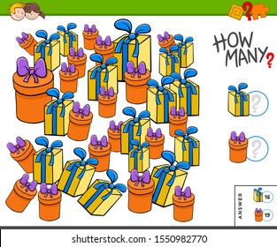 Ilustración de la tarea de recuento educacional para niños con regalos de Navidad o cumpleaños