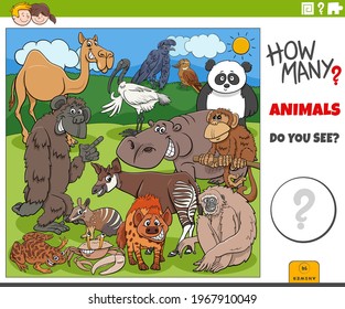 Illustration of educational counting task for children with cartoon animals characters group