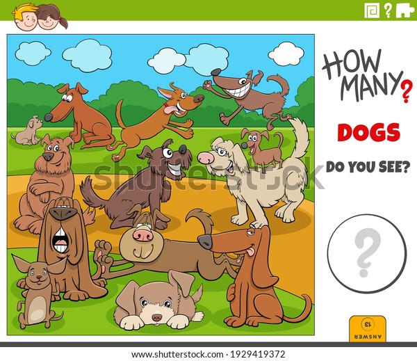 Illustration of\
educational counting task for children with cartoon dogs and\
puppies animal characters\
group