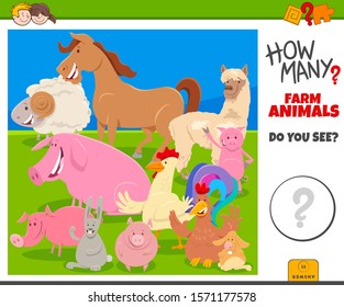 Illustration of Educational Counting Task for Preschool Children with Cartoon Farm Animal Characters Group