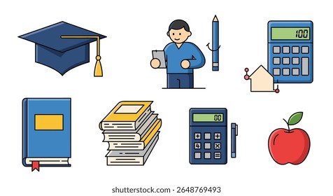 Illustration of educational elements symbolizing learning and academic achievement with diverse school supplies and student representations