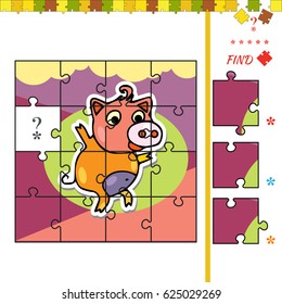 Illustration of educational task for children with animal. Halves matching activity task for children
